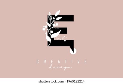 E Black Letter Logo with white leaves, leaf, branch design. Creative, elegant vector illustration with letter E and white leaf for beauty, fashion, jewelry, luxury, natural products or eco services.