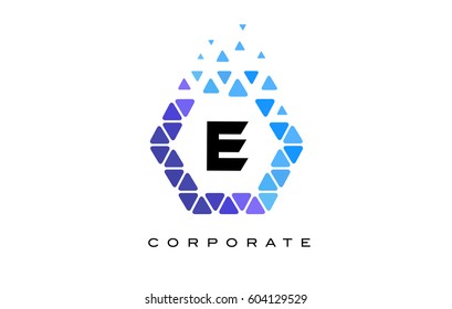 E Blue Hexagon Letter Logo Design with Blue Mosaic Triangles Pattern.