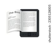 E book device with open paper page electronic reading gadget literature learning realistic vector illustration. Ebook digital portable reader internet library information smart technology data display