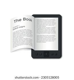 E book device with open paper page electronic reading gadget literature learning realistic vector illustration. Ebook digital portable reader internet library information smart technology data display