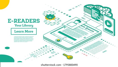 E Book Reader. Isometric Online Education Concept. Modern Library Concept with Electronic Archive of Books. Vector Illustration. E-book with Cloud Technology. E-Learning.