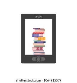 E book reader with pile of books isolated concept vector illustration 