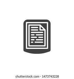 e book reading vector icon. Digital tablet with file page filled flat sign for mobile concept and web design. ebook device glyph icon. Symbol, logo illustration. Vector graphics