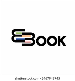 E Book word logo design with illustration of a pile of books on the letters E and B.