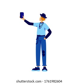 E boy flat color vector faceless character. Fashionable male teenager take selfie. Alternative lifestyle. Social media influencer isolated cartoon illustration for web graphic design and animation