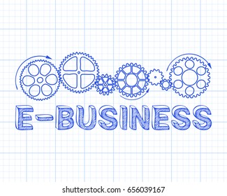 E Business text with gear wheels hand drawn on graph paper background