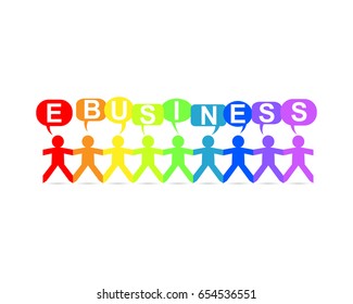 E Business word in speech bubbles with cut out paper people chain in rainbow colors
