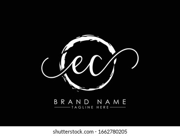 E and C Initial handwriting logo design with brush circle. handwritten logo for fashion, team, wedding, luxury logo.