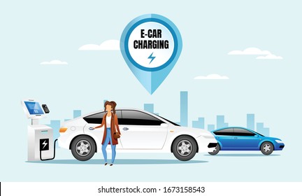 E car charging station flat color vector illustration. Electric car driver 2D cartoon character with cityscape on background. innovative environmentally safe technology. Eco friendly transport