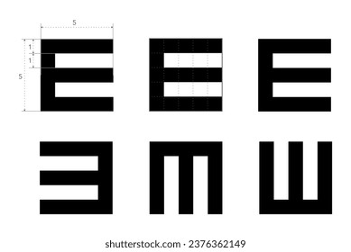 E chart Eye Test Chart scheme tumbling medical illustration. Line vector sketch style outline isolated on white background. Vision test board optometrist visual examination Checking optical glasses