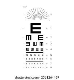 E chart Eye Test Chart tumbling and astigmatism test grid medical illustration. Line vector sketch style outline isolated on white background. Vision board optometrist ophthalmic visual examination