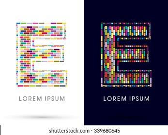 E, Colorful Brick, Construction font graphic design.