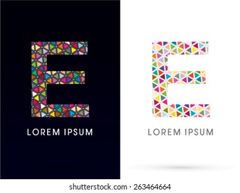 E ,Colorful font, concept mosaic pattern,designed using colors triangle geometric shape. on dark and white background, sign ,logo, symbol, icon, graphic, vector.
