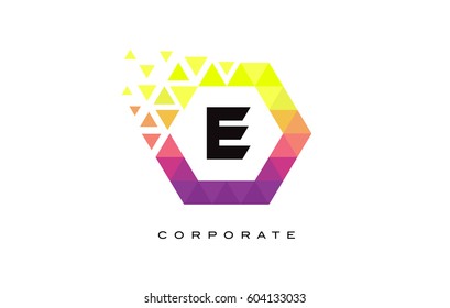 E Colorful Hexagon Shaped Letter Logo Design with Rainbow Mosaic Pattern.