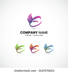 E Colorful Initial letters with wing logo icon design. branding Fashion, internet, boutique, wedding, jewelry, botanical monogram creative Vector logo Design template