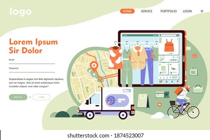 e commerce application technology for online shopping and conected to delivery service. there is map, truck, tab, clothes and man riding bycicle flat vector illustration