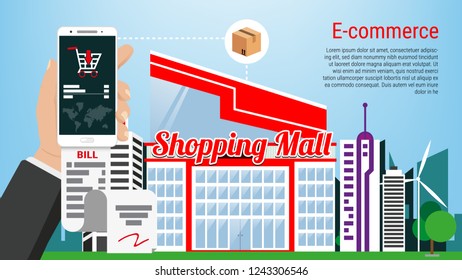 E- commerce background concept, shopping online, vector illustration.