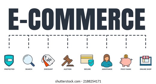 E commerce banner web icon set. piggy bank, search, secure, protected shield, auction, online shop, discount, assistance vector illustration concept