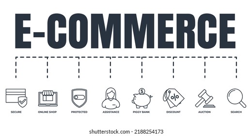 E commerce banner web icon set. piggy bank, search, secure, protected shield, auction, online shop, discount, assistance vector illustration concept