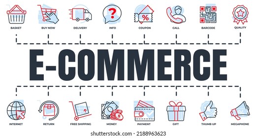 E commerce banner web icon set. basket, megaphone, return, gift, quality, delivery truck and more vector illustration concept.