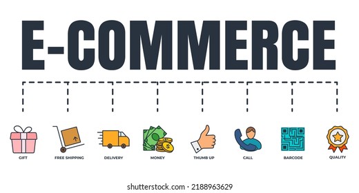 E commerce banner web icon set. money, call, barcode, thumb up, gift, quality, delivery truck, free shipping vector illustration concept.
