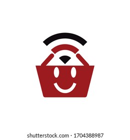 cesta de comercio electrónico con el logotipo y el icono vectorial del emoticon WiFI