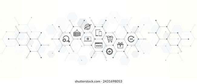 E commerce and e business banner with the website icons and symbol Design banner of concept for E commerce and e business with shopping online shopping gifts online service global