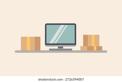 E-Commerce-Geschäftskonzept mit Computer- und Kartonzustellungsboxen 