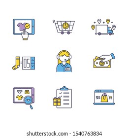 E commerce color icons set. Online shopping. Searching, buying and ordering goods. Payment by credit card and cash. Internet shop, online store application. Isolated vector illustrations