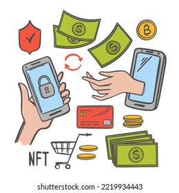 E COMMERCE COLOR Set Online Selling Of Arts And Musical Works For Cryptocurrency Network Internet Technology For Trade Marketplace With Non-fungible Token