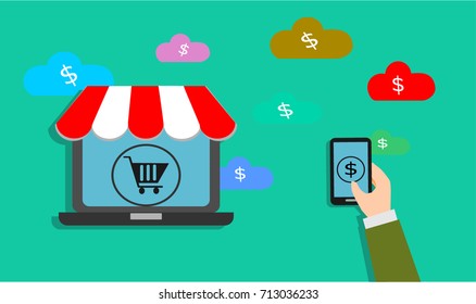 E commerce concept. Hand holding smartphone with dollar icon, dollar icon on clouds and shopping cart on laptop computer screen