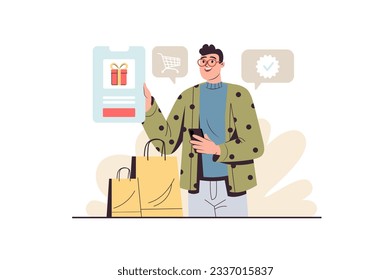 E - commerce concept with people scene in the flat cartoon style. The guy makes online purchases because it's more comfortable. Vector illustration.