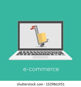 E commerce concept with a shopping box on the laptop screen.