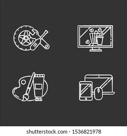 E commerce departments chalk icons set. Online shopping categories. Internet retail. Arts and crafts, hobbies. Electronics. Auto parts. Movies and television. Isolated vector chalkboard illustrations