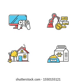 E commerce departments color icons set. Online shopping. Retail categories. Pet supplies. Home and garden. Business and industrial. Video games and consoles. Isolated vector illustrations