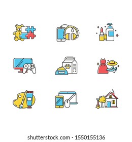 E commerce departments color icons set. Online shopping categories. Beauty and personal care. Fashion. Video games, consoles. Pet supplies. Home and garden. Isolated vector illustrations