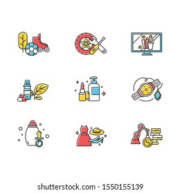 E Commerce Departments Color Icons Set. Online Shopping Categories. Beauty And Personal Care. Fashion. Jewelry And Watches. Auto Parts. Sports And Outdoors. Isolated Vector Illustrations