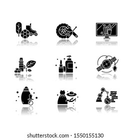 E commerce departments drop shadow black glyph icons set. Online shopping categories. Beauty and personal care. Jewelry and watches. Auto parts. Sports and outdoors. Isolated vector illustrations