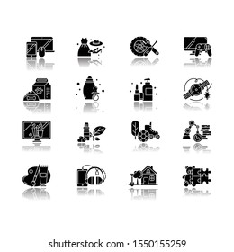 E commerce departments drop shadow black glyph icons set. Online shopping categories. Beauty, personal care. Fashion. Jewelry, watches. Auto parts. Sports and outdoors. Isolated vector illustrations