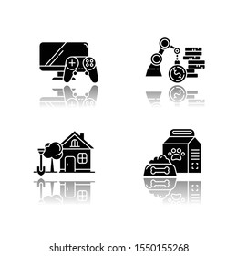 E commerce departments drop shadow black glyph icons set. Online shopping categories. Pet supplies. Home, garden. Business and industrial. Video games and consoles. Isolated vector illustrations