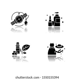 E commerce departments drop shadow black glyph icons set. Online shopping categories. Beauty and personal care. Fashion. Jewelry and watches. Health products. Isolated vector illustrations