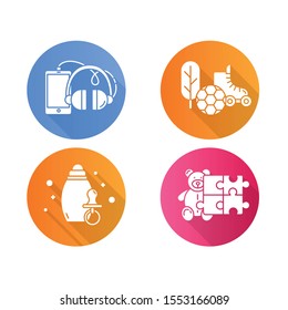 E commerce departments flat design long shadow glyph icons set. Online shopping categories. Internet retail. Toys, hobbies. Phones and accessories. Sports and outdoors. Vector silhouette illustration