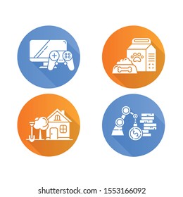 E commerce departments flat design long shadow glyph icons set. Shopping categories. Pet supplies. Home and garden. Business and industrial. Video games and consoles. Vector silhouette illustration