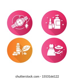 E commerce departments flat design long shadow glyph icons set. Online shopping categories. Beauty and personal care. Fashion. Jewelry and watches. Health products. Vector silhouette illustration