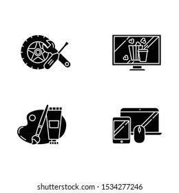 E commerce departments glyph icons set. Online shopping categories. Internet retail. Arts and crafts, hobbies. Auto parts. Movies and television. Silhouette symbols. Vector isolated illustration