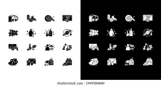 E commerce departments glyph icons set for night and day mode. Online shopping categories. Internet retail. Silhouette symbols for light, dark theme. Vector isolated illustration bundle
