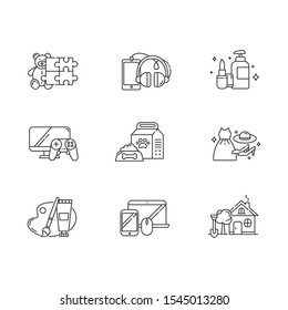 E commerce departments linear icons set. Online shopping categories. Personal care. Video games. Pet supplies. Thin line contour symbols. Isolated vector outline illustrations. Editable stroke