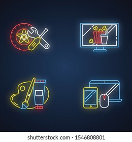 E commerce departments neon light icons set. Online shopping categories. Internet retail. Arts, hobbies. Electronics. Auto parts. Movies and television. Glowing signs. Vector isolated illustrations