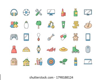 E commerce departments RGB color icons set. Electronic devices. Personal beauty and health care products. Children toys. Pet care food. Fashion and makeup. Sport gear. Isolated vector illustrations