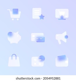 e commerce glass morphism trendy style icon set. e commerce transparent glass color vector icons with blur and purple gradient. for web and ui design, mobile apps and promo business polygraphy